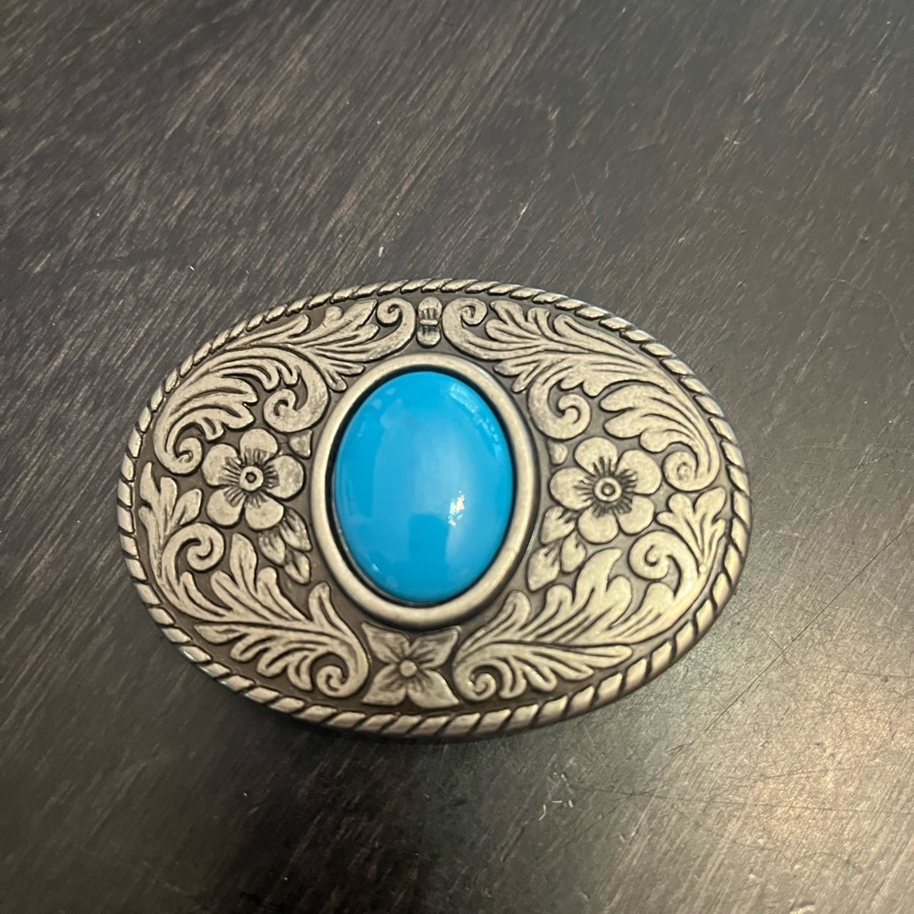 Silver Floral Belt Buckle with Blue Stone